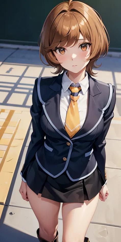 1 Female,High definition,high resolution,Ultra-realistic,8K, hmza, short hair, antenna hair, brown eyes,  blue necktie, yellow shirt,black jacket, long sleeves, black skirt,tight skirt, ((miniskirt)), school uniform ,brown boots, medium breasts,European,se...