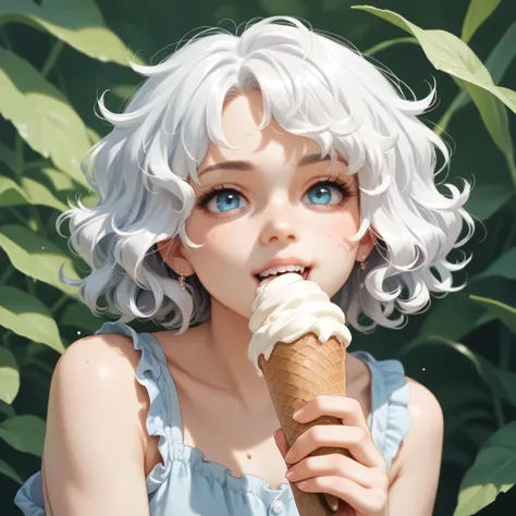  album cover ,  in front of a white ice cream ,  next to a white-haired girl about to take a bite of ice cream, dynamic. Better quality. pelo dynamic