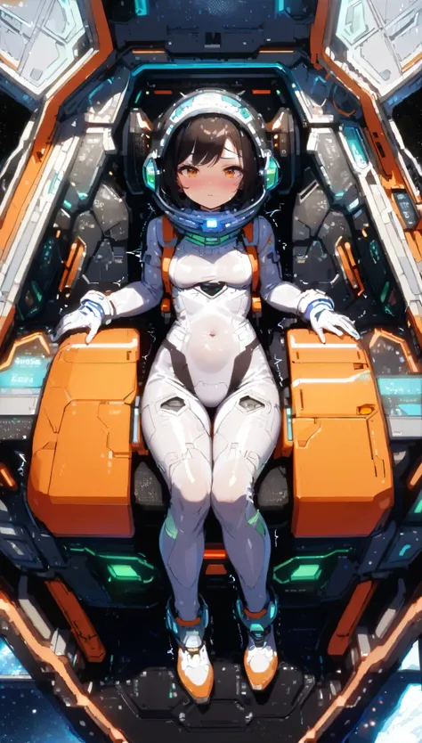 1人of女of子,Alone,short hair,(Space Suit:1.15), Black Hair Space Helmet ,whole body, indoor, masterpiece of the highest quality, trembling, difficulty breathing, bodysuit,Lumine , Bubble Helmets , short hair, backpack,gloves,blush,internal (cockpit) of (Fu...