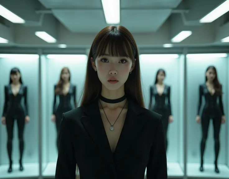 (8k、born、professional、Best Quality、masterpiece:1.2)、photograph、SF, Surreal、(Genuine、 photorealistic:1.37)、Super detailed、In a bright military barracks,  beautiful women stand on a pedestal in a glass case on the wall,  they are dressed like tight and charm...