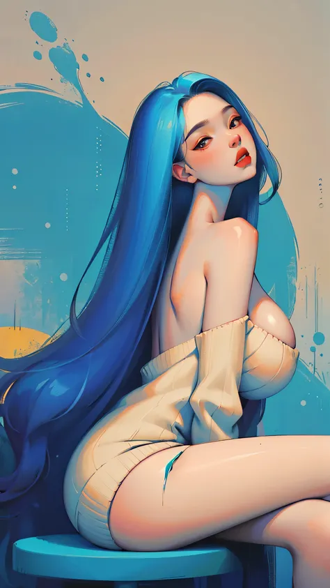 Oil paint.brushes strokes. SYNTHWAVE STYLE DESIGN VIBRANT COLORS. Big boob , cleavage, round breast, young asian girl. off the shoulder sweater, panties, with long blue  hair. Full lips.Solid color background, arms behind back, sitting, 