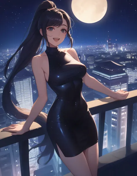 score_9, score_8_up, score_7_up, gsfghtr, long ponytail hair, black hair, bodycon dress, 1girl, sweet smile, open mouth, night, top of building, city view, moon, starry sky