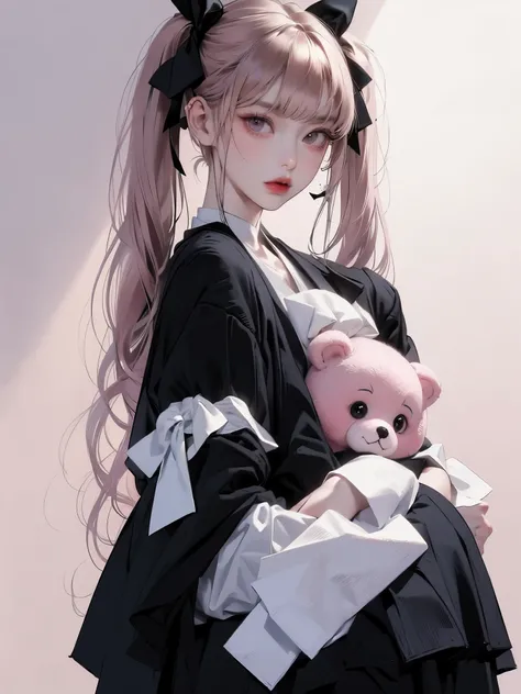 masterpiece, cute、 girl、Pink Hair、upper body、Big ribbon、LOL、Hug a stuffed animal、 twin tails