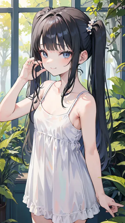 ((masterpiece、Best Quality、 very detailed))、 one girl playing pranks、Black Hair、 long hair、twintails、blunt bangs、Grey Eyes、evil smile、 small breasts、((white camisole dress))、 cowboy shot、Forest Background