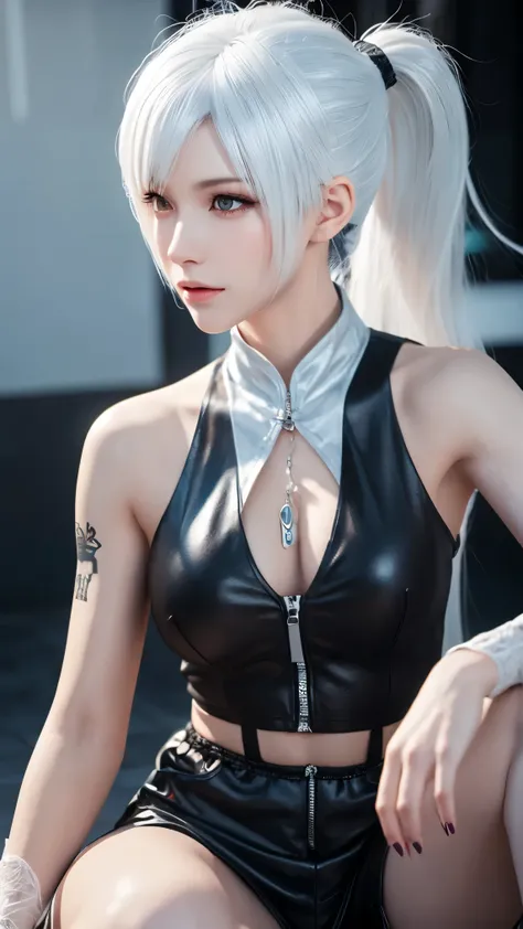 a close up of a woman with a tattoo on her arm, tifa lockhart with white hair, detailed white long hair, silver hair (ponytail), girl with white hair, deviantart artstation cgscosiety, realistic anime 3 d style, anime styled 3d, inspired by Ma Yuanyu, whit...