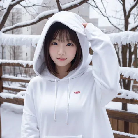  outdoor :1.5、winter、snow、White World、Frozen World、White World、 one girl playing pranks、Only 24、 perfect anatomy、Correct human body、Ash Blonde、 Layered Haircut 、Short wavy hair、A woman with a beautiful face、 charming eyes 、Perfect beauty、natural colored po...