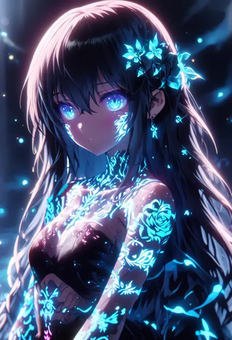 anime screenshot, artistic illustration of a female anime character adorned with glowing neon roses and doragon energy tattoo, t...