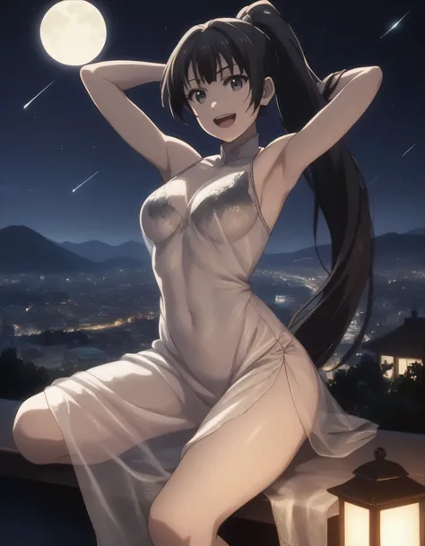 score_9, score_8_up, score_7_up, gsfghtr, long ponytail hair, black hair, Transparent Lace Dress, 1girl, sweet smile, open mouth, night, on top of mountain, city view, moon, shooting stars, armpit