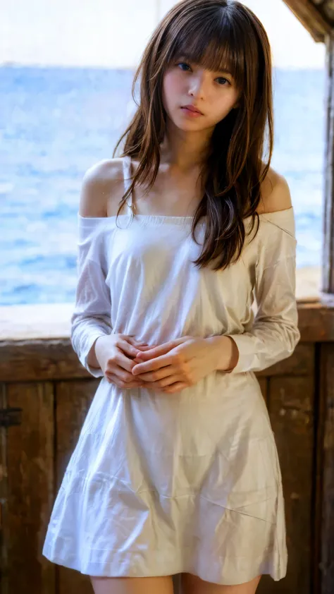 night view、Off the shoulder、Wet white t-shirt and jeans、、Light brown hair and bangs、Elegant hairstyle、Blue Eyed Woman、A woman with a cute upward gaze、When the sky gets dark、Tight clothing that shows your body lines、、Elegant summer knitwear、Elegant summer s...