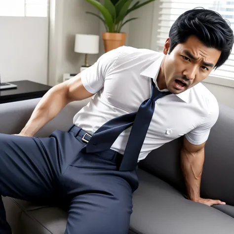 40 years old,One Man,、Muscular、   white shirt ､black tie､navy blue striped pants､ office ,sofa、、    Black Hair    、Very short perm。Asian Face　Stubble、There is a bulge in the crotch of my pants　Menacing look　Stubble　  open your mouth wide and scream  