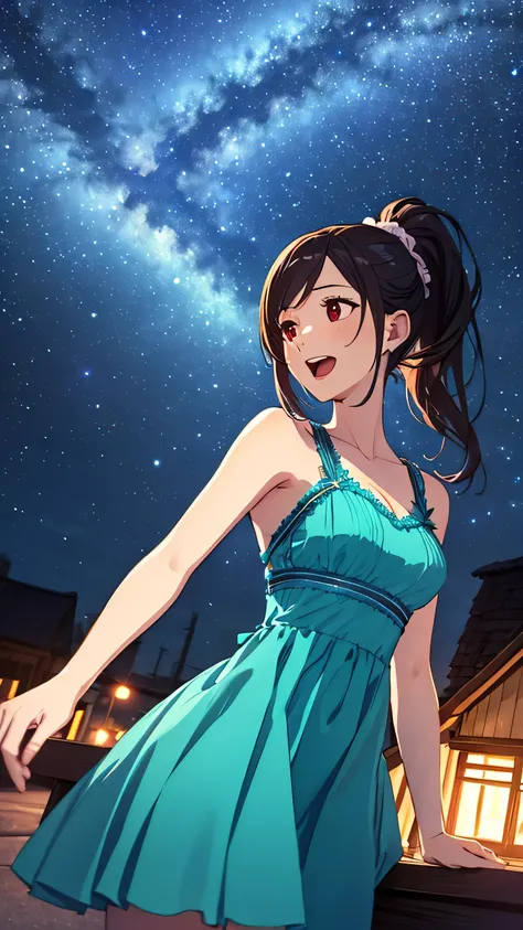 tifa lockhart, mksks style, (very detailed background:1.0), (highly detailed background:1.0), final fantasy vii remake, (red eyes), 1girl, bare shoulders, aqua dress, black hair, green dress, sleeveless dress , sundress, house, long hair, night, night sky,...