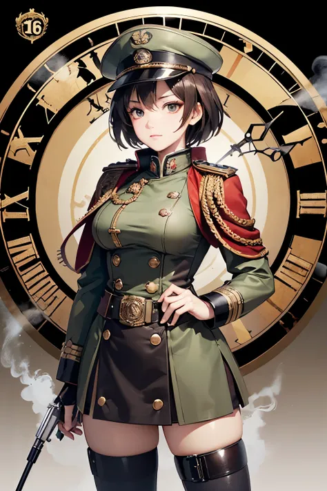 ultra detailed, absolutely resolution, best quality, beautiful woman dressed in a heavy (steam diesel clock) punk style military uniform,　super deformed, movie and anime style, various effects, 2.5D, digital graphic CG fantasy art