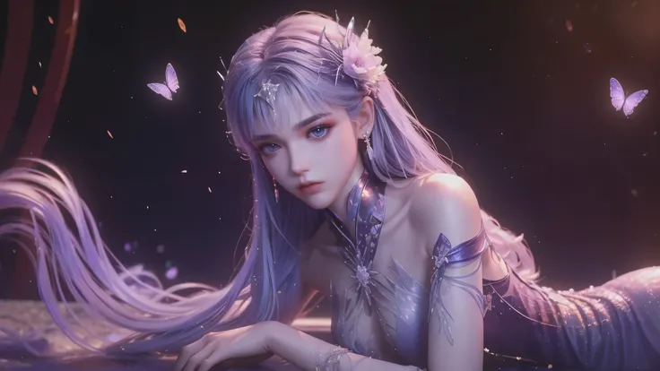 A beautiful woman with perfect curves wearing a long purple dress that gently flutters in the air,The beautiful woman was lie down in a sea of beautiful flowers surrounding her, Chinese traditional, her flexible body increasing with every movement, So ench...