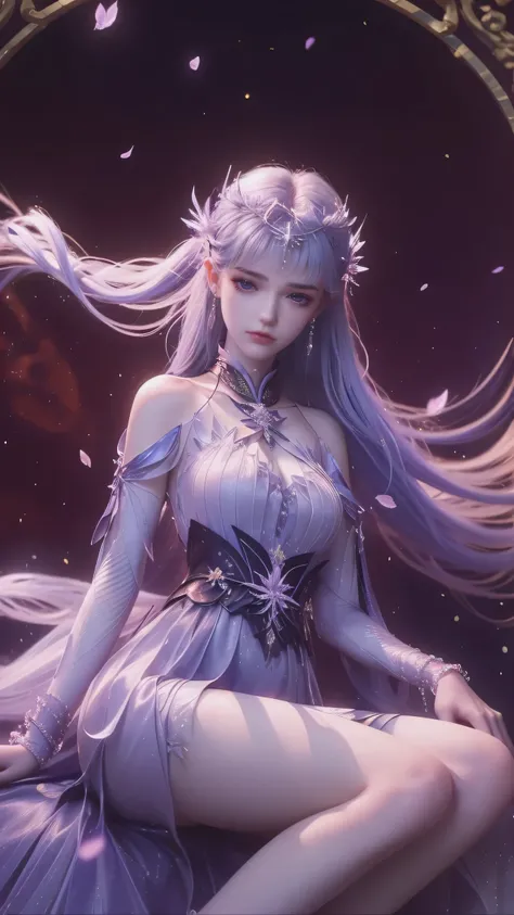A beautiful woman with perfect curves wearing a long purple dress that gently flutters in the air,The beautiful woman was lie down in a sea of beautiful flowers surrounding her, Chinese traditional, her flexible body increasing with every movement, So ench...