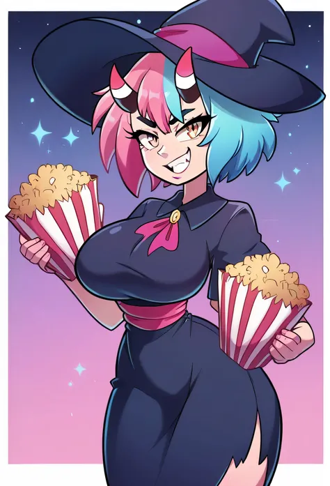 Split dye hair,pink hair,blue hair,oni horns,short hair,big hips,thin waist,smirk,huge breasts,High Resolution, Masterpiece, Accurate, Anatomically Correct, Award Winning, Best Quality, Detail, HD, High Details, High Quality, Quality, Super Detailed,popcor...