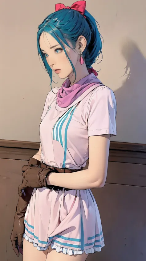 (masterpiece,  highest quality),  1 girl, Bloomers,  1 girl, Alone,  blue eyes ,  blue hair,  Aqua Hair, single braid,  Braided Ponytail, hair ribbon,  red ribbon,  hair bow,  earrings for a woman alone,, Short dress,  pink dress, Vertical striped dress, S...