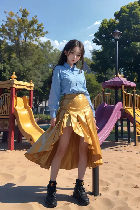 (Absurdly, high quality ,  very detailed on playground equipment,32K、High image quality、Ultra HD、 Golden Ratio Face )、((( woman)))、A cute girl wearing a fantasy skirt that spreads softly