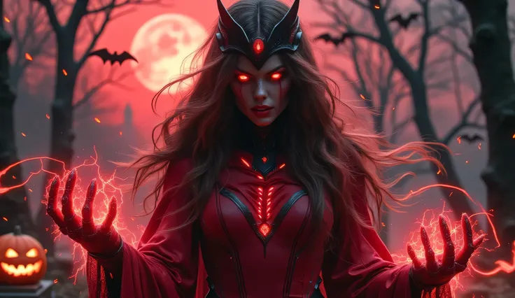 an ultra-detailed image of the superhero scarlet witch reimagined in a halloween horror theme, blending her classic superhero lo...