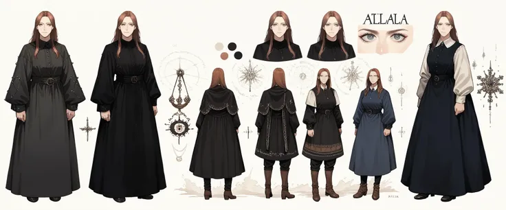 score_9, score_8_up, score_7_up, score_6_up, source_anime, ATLA style, anime 2d, a beautiful woman, medieval witch, wearing a modest black dress, (saoxrnn), reference sheet,white background,simple background,multiple views, upper body, front, from side, co...