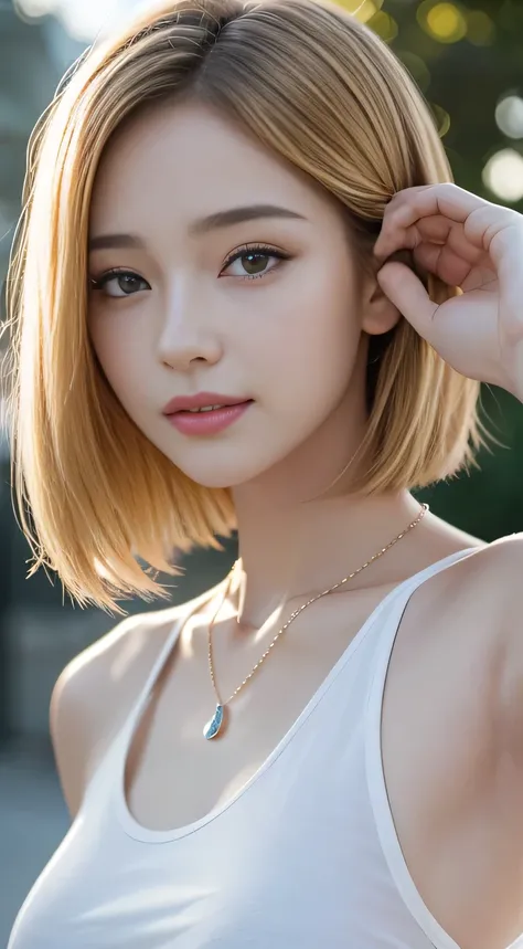 (Raw photo:1.2)、highest quality、precise beauty、beautiful long hair woman、The most beautiful women in the world、Beautiful sharp features、21 years old、Also々Sibi、Smooth super short hair that looks blonde、highly detailed face、cute smiling girl、happy look、beaut...