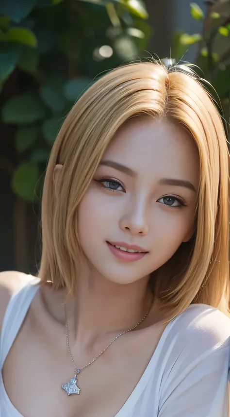 (Raw photo:1.2)、highest quality、precise beauty、beautiful long hair woman、The most beautiful women in the world、Beautiful sharp features、21 years old、Also々Sibi、Smooth super short hair that looks blonde、highly detailed face、cute smiling girl、happy look、beaut...
