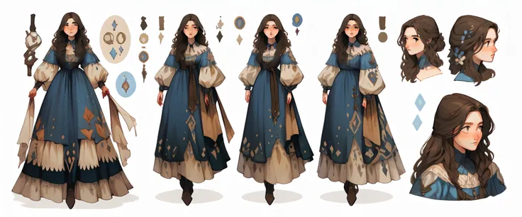 score_9, score_8_up, reference sheet, a medieval young woman with long brown, wearing a long medieval blue dress with long white...