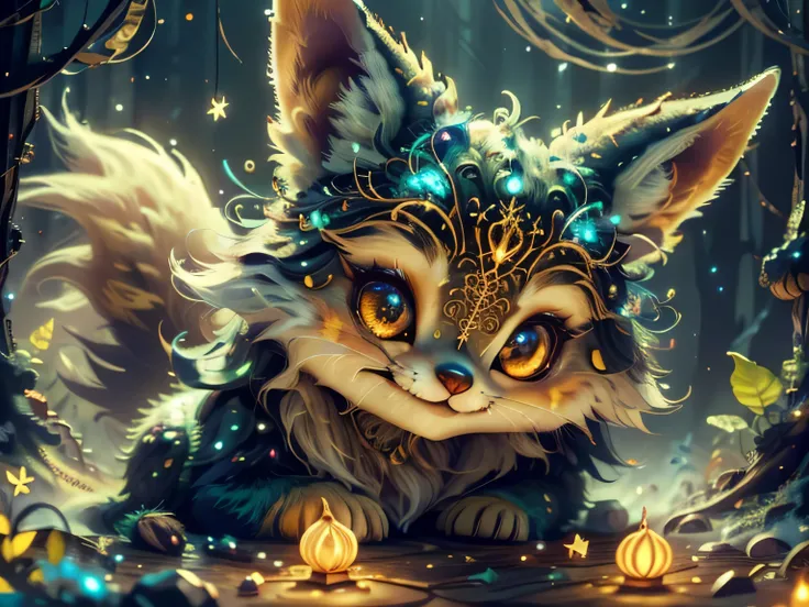 Magical Fantasy Creature, (best quality, masterpiece, Representative work, official art, Professional, Ultra high detail, 8k:1.3) super cute, big-eyed, with a soft, gentle nose, fluffy, smiling with two teeth, cute ghost fennec fox  , realistic, beautiful,...