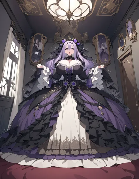 （1 Queen with huge breasts ， Queen wearing a gorgeous purple and black Rococo long-sleeved dress）， Chic face and eyes ，whole body，( in an extremely small room，Hands support the ceiling )，Expression of fear to the point of crying ，trembling