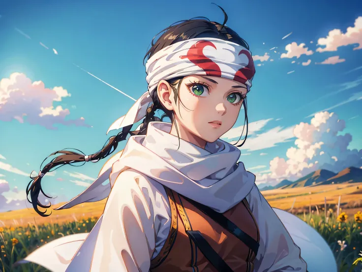 masterpiece, Best Quality,
1 girl, realm, Black Hair , braided , ponytail, green eyes, Headband, scarf,
upper body, Alone, , glass, Blue Sky, prairie background