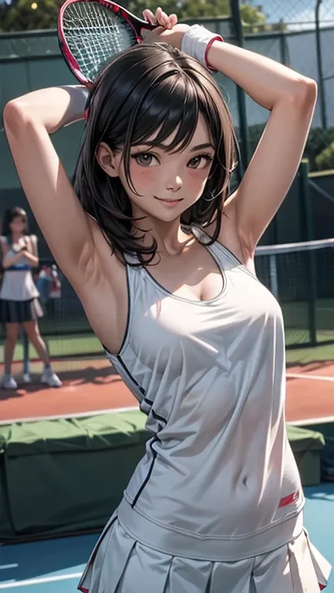 a woman in tank top holding a white tennis racket over her head, 1girl, solo, armpits, realistic, black hair, arms up, smile