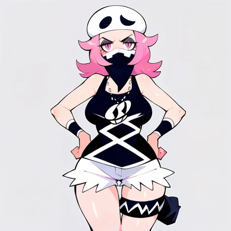 1girl, solo, teamskullgrunt, femskullgrunt, makeup, eyeshadow, long pink hair, white headwear, hat, bandana, covered mouth, black tank top, team skull, white shorts, short shorts, thigh strap, necklace, black wristband, bare shoulders, big breasts, wide hi...