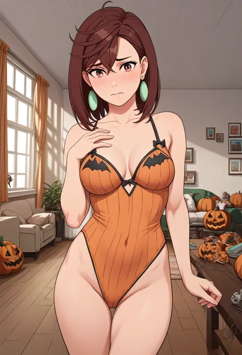 ayase_wz, medium hair, brown hair, brown eyes, medium breasts, posing embarrassed, halloween costume, green earrings, red face, medium breasts, detailed background, indoor, living room, house living room,