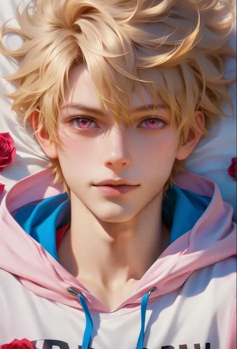 score_9, score_8_up, score_7_up, A hyper realistic ultra detailed photo of hansome man, fancy hair ,  golden blonde  hair, ultrarealistic, cute,  body, perky , perfecteyes, , upper body  , close up, portrait, looking at viewer, amusement  ,  laying on back...