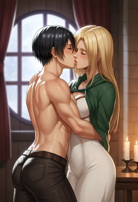 score_9, score_8_up, score_7_up, BREAK source_anime, historia reiss, blue eyes, blonde hair, long hair, medium breasts, long white dress sleeveless,female black hair soldier hugs historia,Mikasa with historia hugs,mikasa wreanig open green jacket and black...