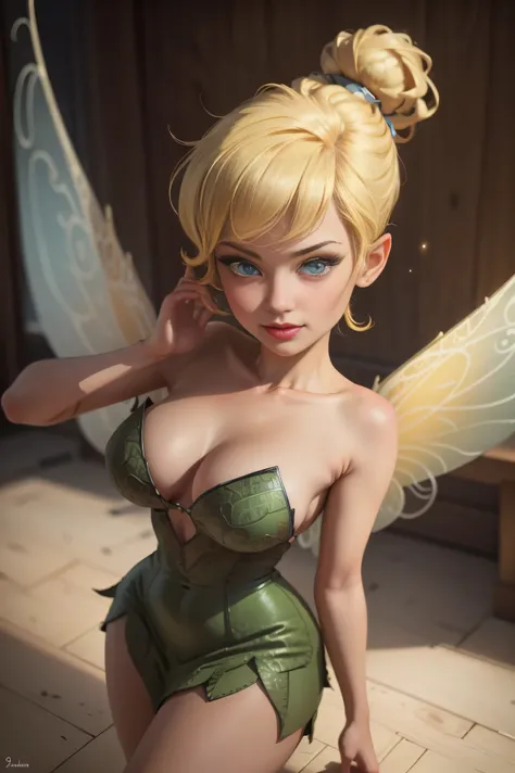 (Tinker Waifu:1), smile, (sexy, naughty pose), cute, looking at the viewer, Expressive eyes, big breasts, neckline, single hair bun, short hair, (Green strapless dress:1), (fairy wings), (Focus on breasts:1.2), (Julius Zimmerman Style), from above, (realis...