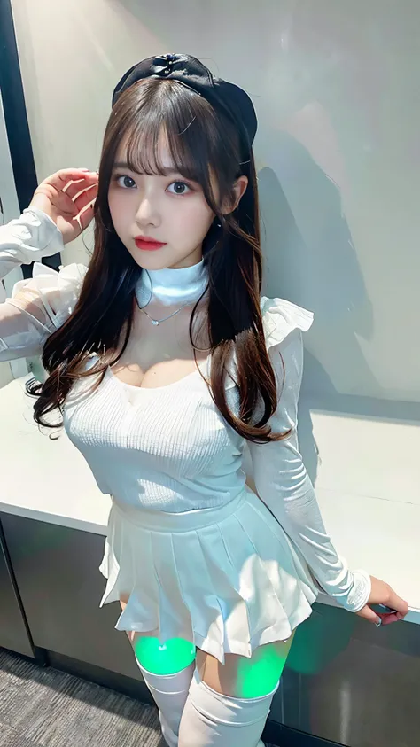 (8k、 RAW photo、Best Quality、masterpiece:1.2)、(Realistic、Realistic)、   1 girl、((White Dress、 white pantyhose、spy、  short skirt 、   knee socks、   see-through   、boots、Big chest hair、   View from the front、White City   、   spotlight、   Standing with Hands on ...