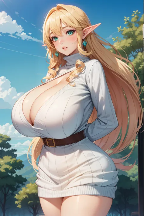 extreme quality, cg, (ass focus:1.2) (detailed eyes,and face), (bright colors), (anime), 1woman,(gigantic breasts:1.8), (Milf:1.2), impact, (Voluptuous:1.4), goddess, time stop, fantasy, (Elf), pointed ears, beautiful jewels, clouds, (long curly blonde hai...