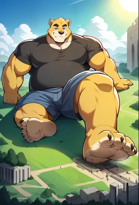 nj5furry, berries ,golden fur ，  beast field  ，pummelig, thick arms，strong muscles，Shorts，Plush  ，chubby face，  black eyebrows  ，sky blue eyes，bart，  friendly smile  ，lying on the grass,on the stomach, Vati , (From underneath:1.1)，lie down，（Shirt,Shorts），s...