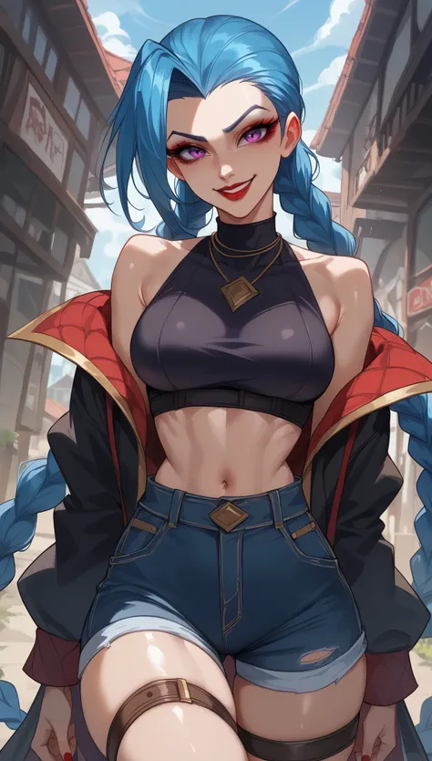 Jinx、League of Legends、Light purple eyes、blue hair、long hair、shiny hair、( big boobs), black shirt、black jacket、Tight Waist、 thin waist、 dark blue denim shorts 、 Thigh straps 、shiny skin、white pele、Beleza、erotic、red eyeliner、 red lips、wicked smile、Looking a...