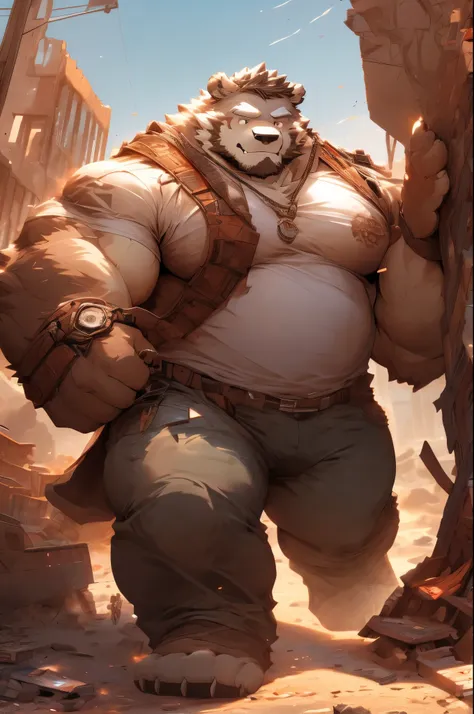 blurred, brown bear , man, only,  muscular,  Apocalypse survivor, wasteland, destroyed city,  Ripped clothing  ,  high quality,  high-resolution  , (Massiv:3.0,big muscle:1.1(  heavyweight,stark,Macro,  The huge size accentuates ,  Stepping on the ruins)),...