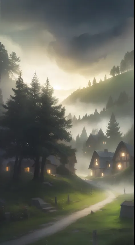 scenic background, anime style, fog, mist, medieval fantasy small village, forest, village on a hill, cobblestone paths, grass, ...