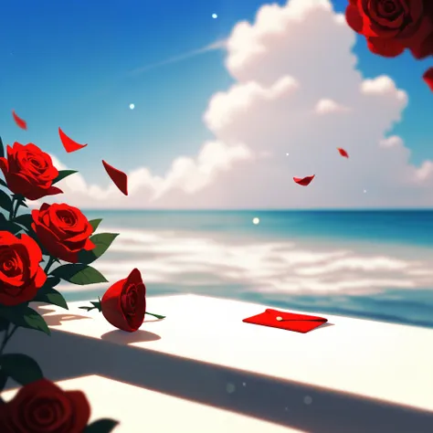 score_9, score_8_up, score_7_up, score_6_up, score_5_up, score_4_up, source_anime, ((scenery)), close-up shot, 1red rose, 1letter, lie on a white table, (sincere), dust, (wind), sunlight, drop shadow, ocean view, bokeh, cinematic lighting