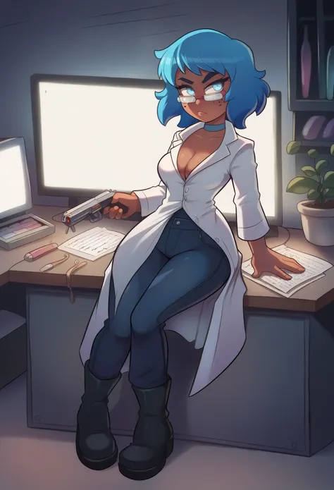 brilliant scientist, young female, dark brown skin, freckled face, heavy freckles, icy blue eyes, mystic blue hair, wavy hair, shoulder-length hair, cleavage, perfect ass, great hips, C-cups, Perfect breasts, shapely figure, white lab coat, lab coat with p...