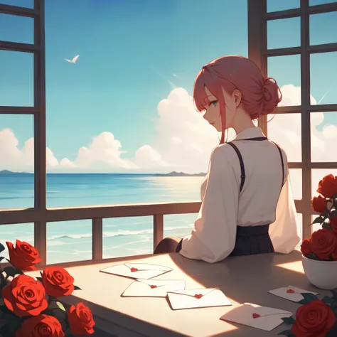 score_9, score_8_up, score_7_up, score_6_up, score_5_up, score_4_up, source_anime, (scenery), 1 red rose and 1 love letter, lie on table, sunlight, window, ocean view