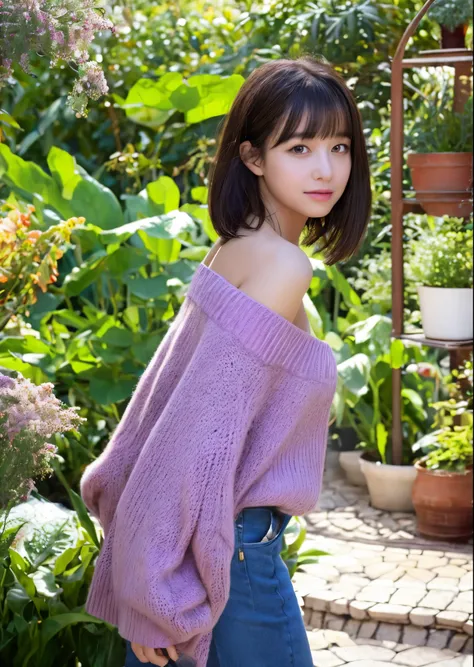 one pretty girl 、light brown eyes、 with bangs  、 see here、surrounded by ornamental plants、（ light violet off shoulder sweater）、f...