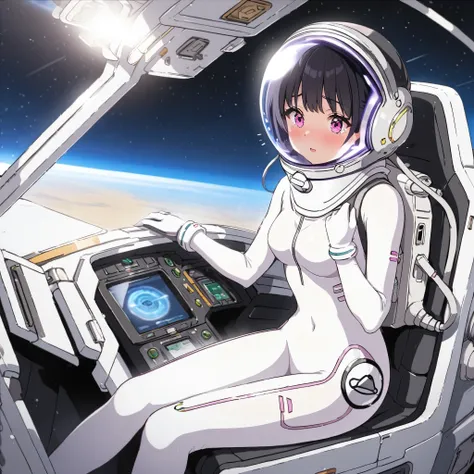 1人of女of子,Alone,short hair,(Space Suit:1.15), Black Hair Space Helmet ,whole body, indoor, masterpiece of the highest quality, trembling, difficulty breathing, bodysuit,Lumine , Bubble Helmets , short hair, backpack,gloves,blush,internal (cockpit) of (Fu...