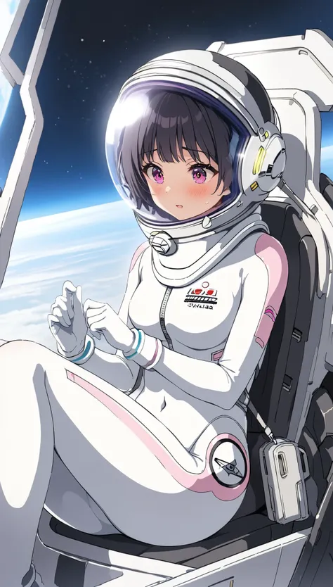 1人of女of子,Alone,short hair,(Space Suit:1.15), Black Hair Space Helmet ,whole body, indoor, masterpiece of the highest quality, trembling, difficulty breathing, bodysuit,Lumine , Bubble Helmets , short hair, backpack,gloves,blush,internal (cockpit) of (Fu...