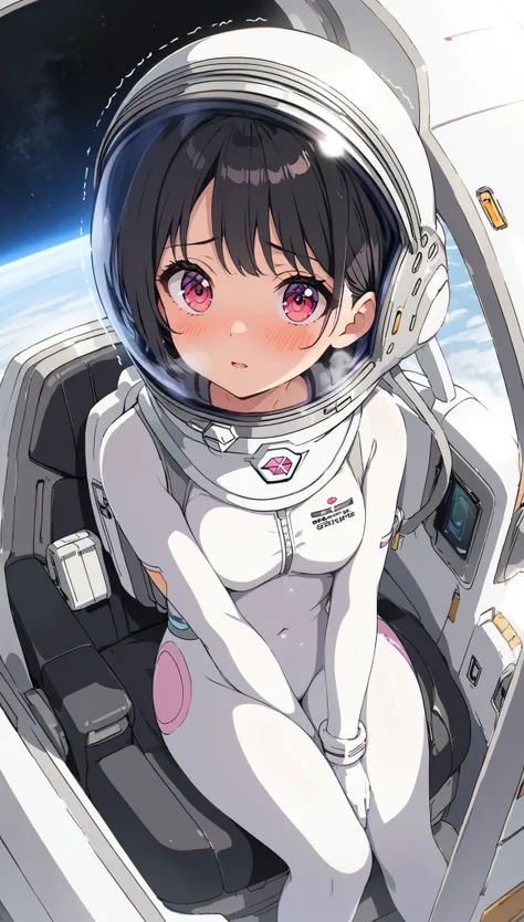 1人of女of子,Alone,short hair,(Space Suit:1.15), Black Hair Space Helmet ,whole body, indoor, masterpiece of the highest quality, trembling, difficulty breathing, bodysuit,Lumine , Bubble Helmets , short hair, backpack,gloves,blush,internal (cockpit) of (Fu...