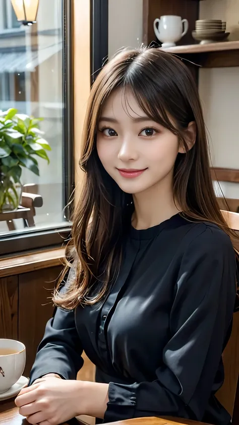 highres , ultra detailed , photorealistic ,1 beautiful japanese woman, highly detailed beautiful face , long hair, light smile , sitting , wearing elegant blouse , drinking black tea , stylish teacup, stylish coffee shop , wooden table , wooden chair