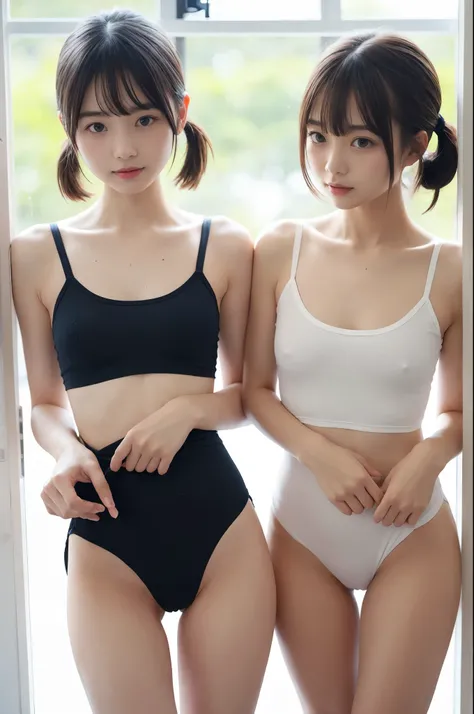  ears dripping from their bodies, two girls standing in a window in a school classroom,Navy blue unitard with white trim,break,bangs,smile,Thighs,Knee,break, Short hair with few pigtails  ,From before,Front light,((、slender、Slender and very thin、Sexy colla...